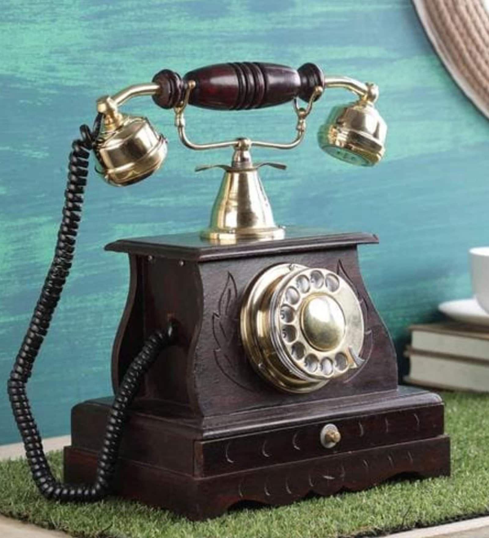 Vintage Working Telephone In Brown Wood & Metal Showpiece